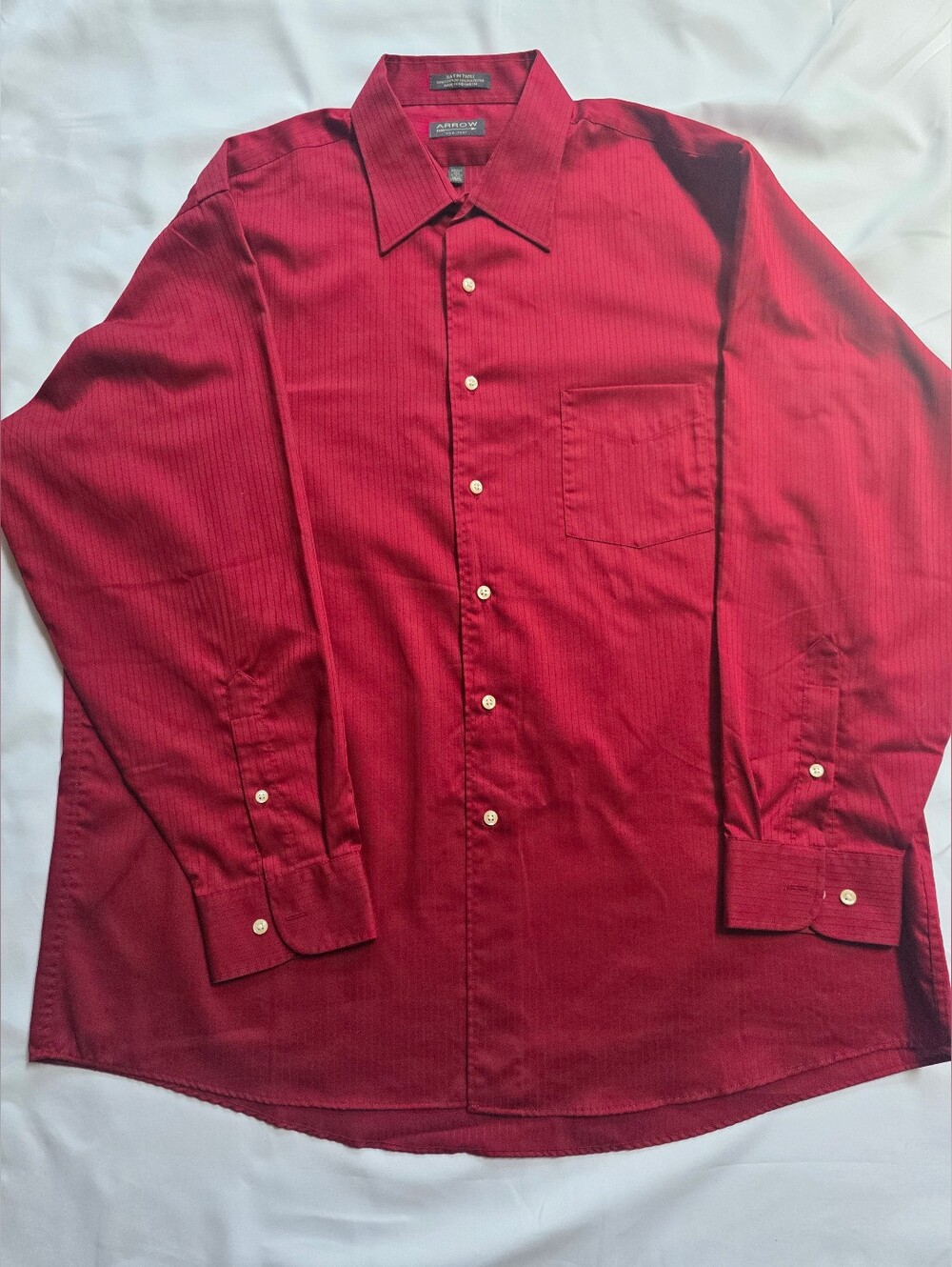 Arrow Men's Burgundy Satin Twill Stripe Button Down Dress Shirt XL 17-17.5